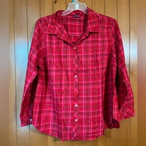Laura Scott Woman Metallic Plaid Button Up Shirt Size 1X Bright Red Pink Cotton